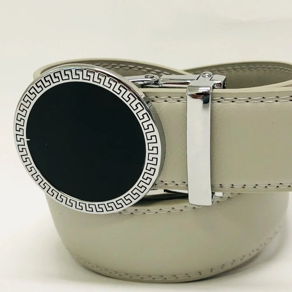 Gray Leather Belt Automatic Buckle Slide Belt NoHole Strep Ratchet Round Meander